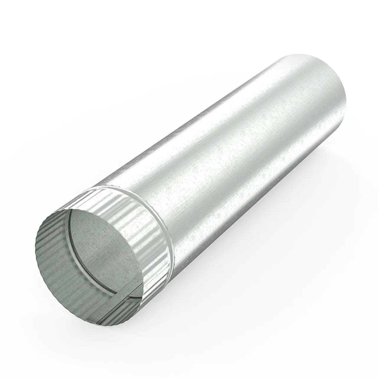 A Go Build 4 in. x 2 ft. Galvanized Duct Pipe (26 Ga.) with a shiny silver finish rests diagonally on a white background; its ribbed, wider end and smooth, reflective surface showcase the sturdy construction by The Fastest Way To Build.